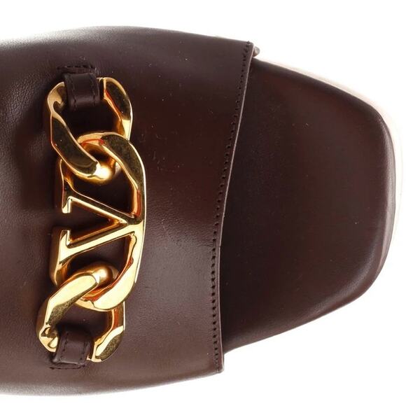 VALENTINO V Logo Chain Open Toe Platform Mules Brown Leather Wooden Heel 8.5 NEW - Picture 4 of 15